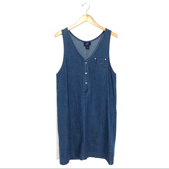 Vintage Denim Blue Jean Jumper Dress Pockets M B5 - Picture 1 of 6